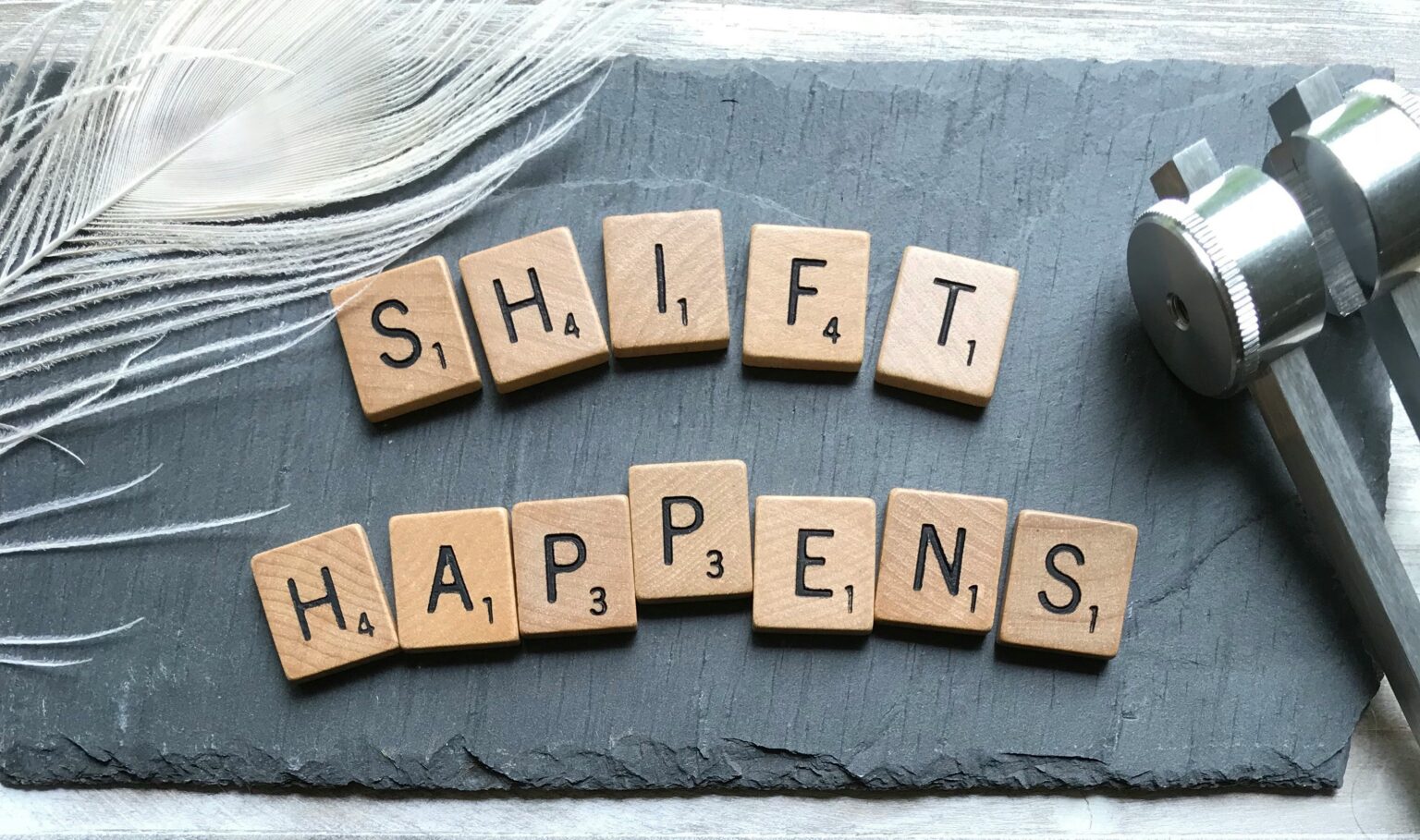 Scrabble tiles spelling out the words 'Shift happens'